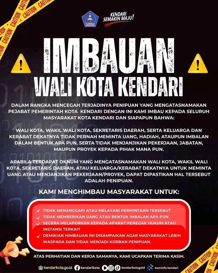 Imbauan Penting dari Wali Kota Kendari Dalam Upaya Mencegah Penipuan yang Mengatasnamakan Pejabat Pemerintah Kota Kendari.